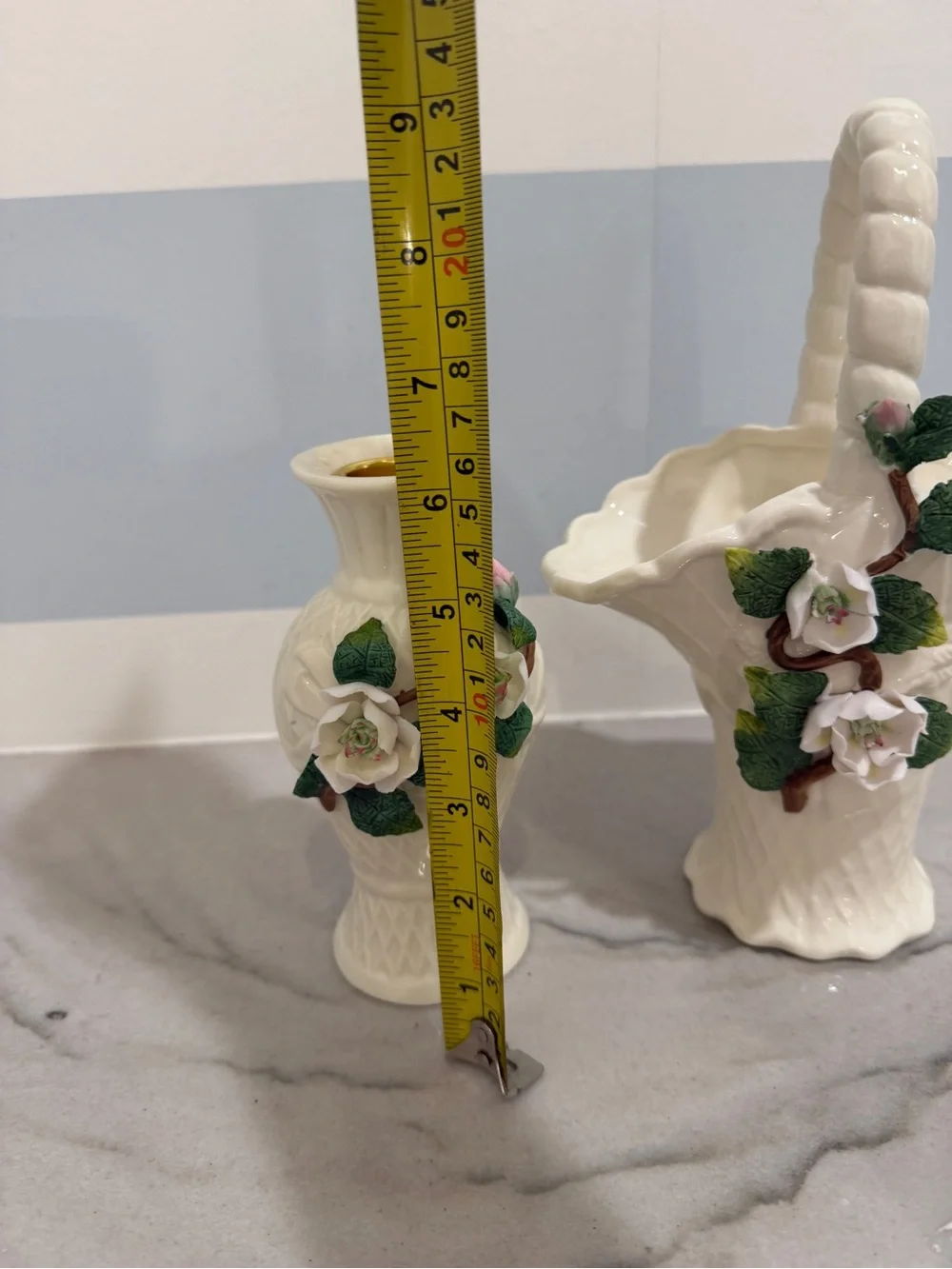 Porcelain White Floral Ceramic Vase and Basket Set